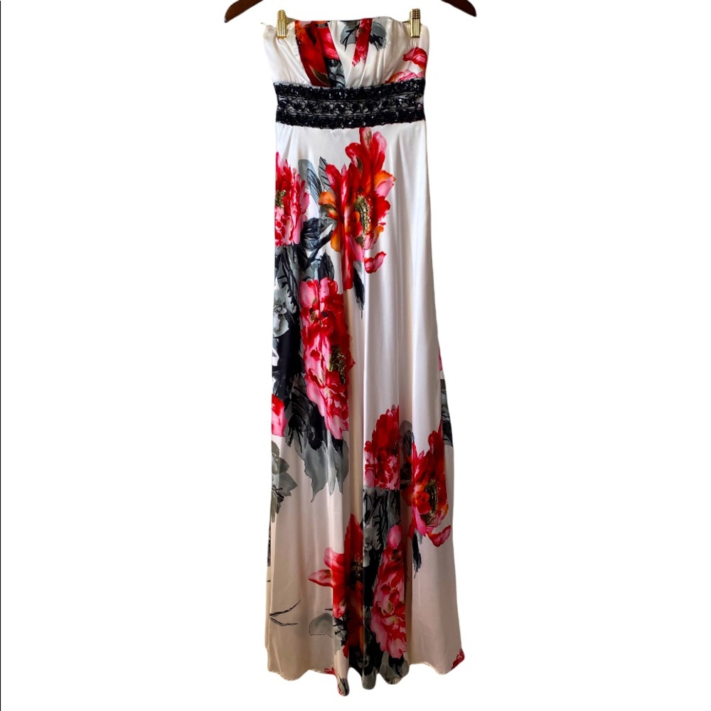 Xtraordinary Long White Floral Maxi Formal Strapless Beaded Waistline Dress
